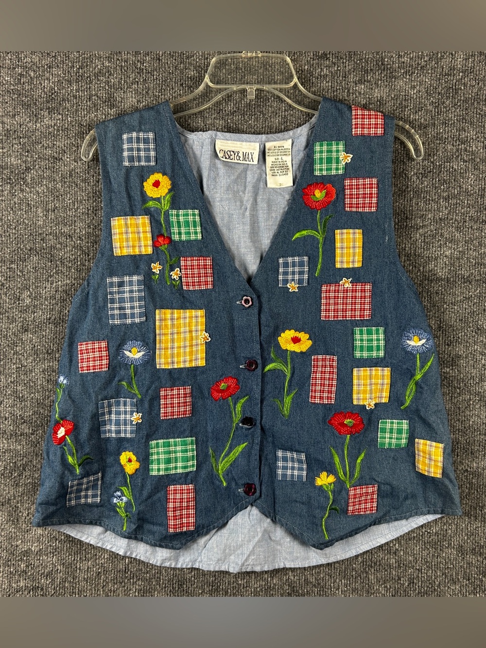 Casey & Max Vintage Denim Floral Embroidered Patchwork Vest Size Large L